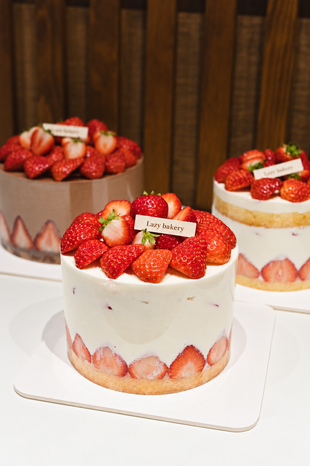 딸기를 올리고 옆면에 딸기를 장식한 Lazy Bakery 딸기 생크림 케이크